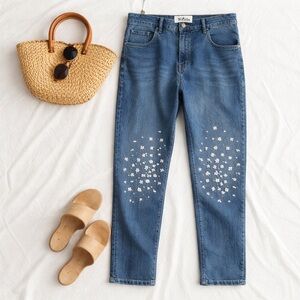 WAS Paris Tony Boyfriend Jeans 29 | Clover Embroidered Denim Scandi Garden Girl